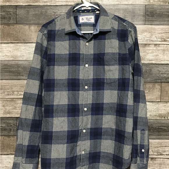 Penguin Heritage Slim Fit Flannel Shirt Men’s M Blue Black Plaid Button Up - Picture 4 of 9